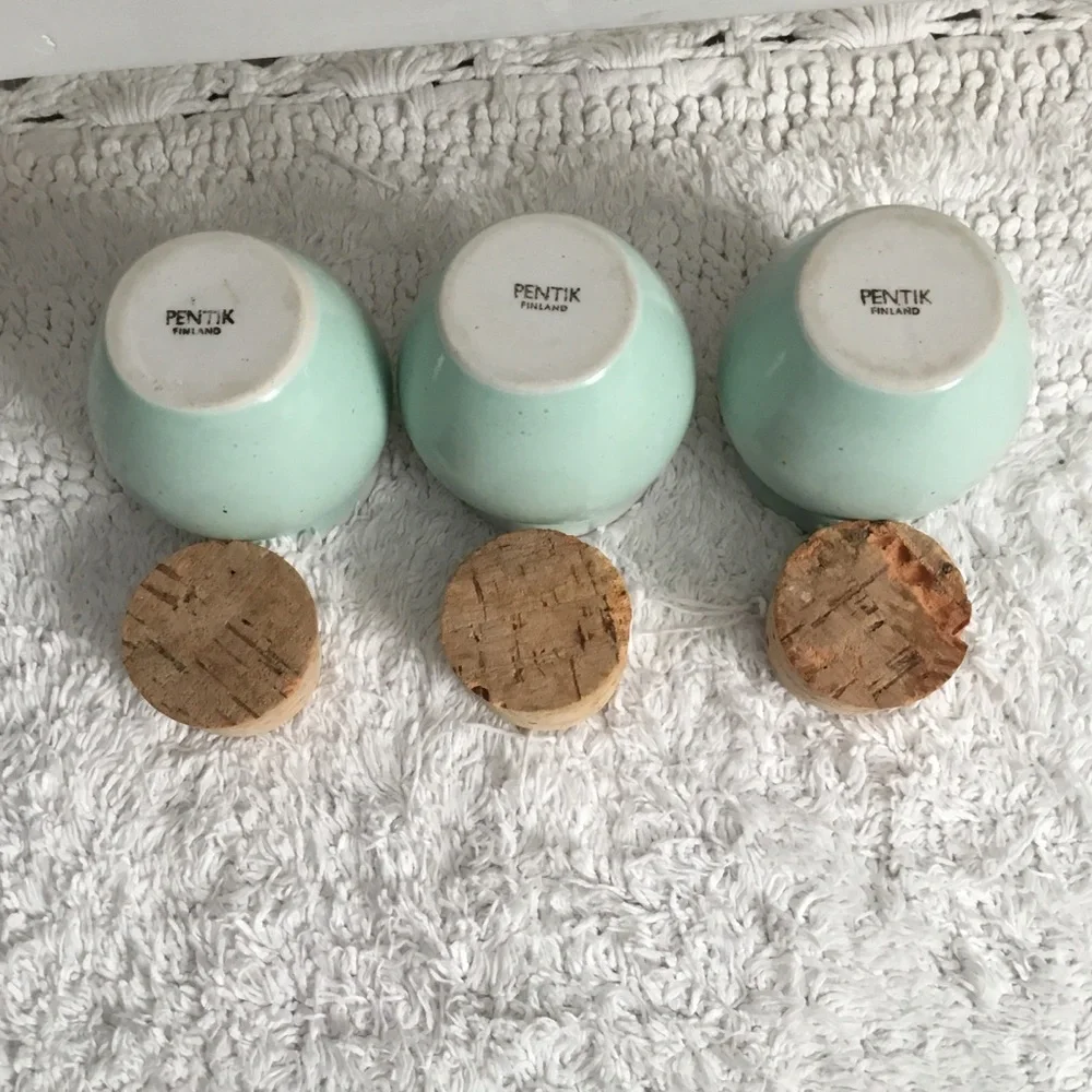 PENTIK FINLAND Set of Three Cork Lid Spice Jars Light Turquoise color.